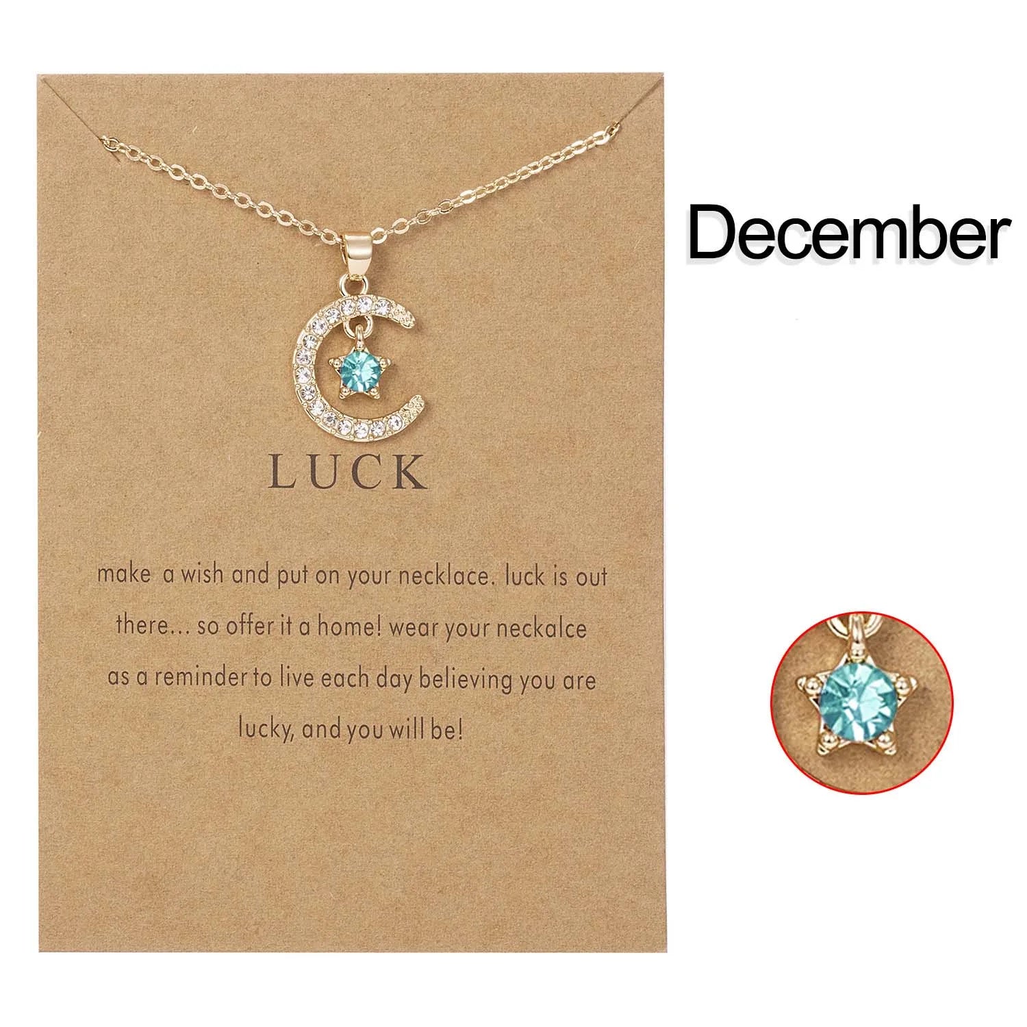 Dainty Moon and Star Birthstone Necklace - Personalized Crystal Pendant Jewelry Gift for Her