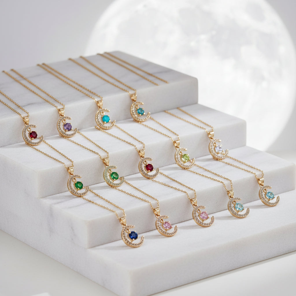Dainty Moon and Star Birthstone Necklace - Personalized Crystal Pendant Jewelry Gift for Her