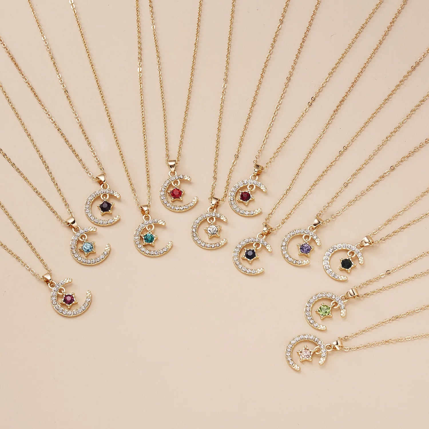 Dainty Moon and Star Birthstone Necklace - Personalized Crystal Pendant Jewelry Gift for Her
