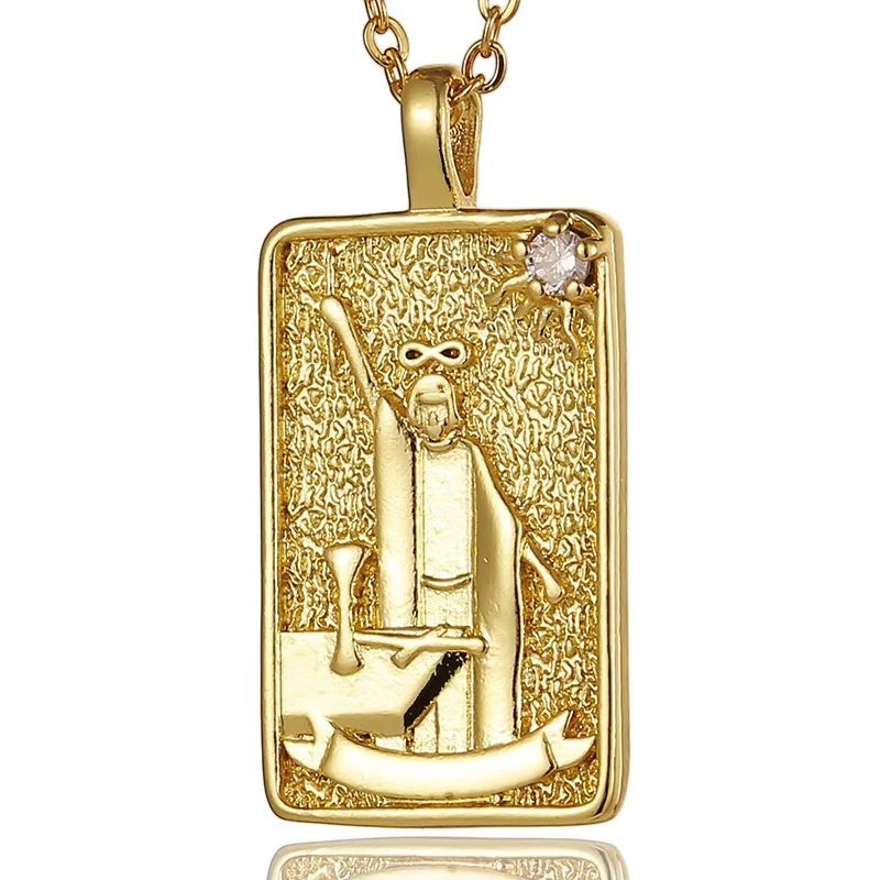 AuraTemple gold stainless steel necklace featuring a Magician tarot card design with cubic zirconia accent.